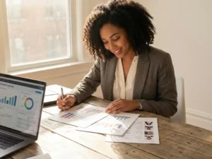 Professionele vrouw met krullen bestudeert kleurrijke datagrafieken en kandidaatprofielen op houten bureau met laptop