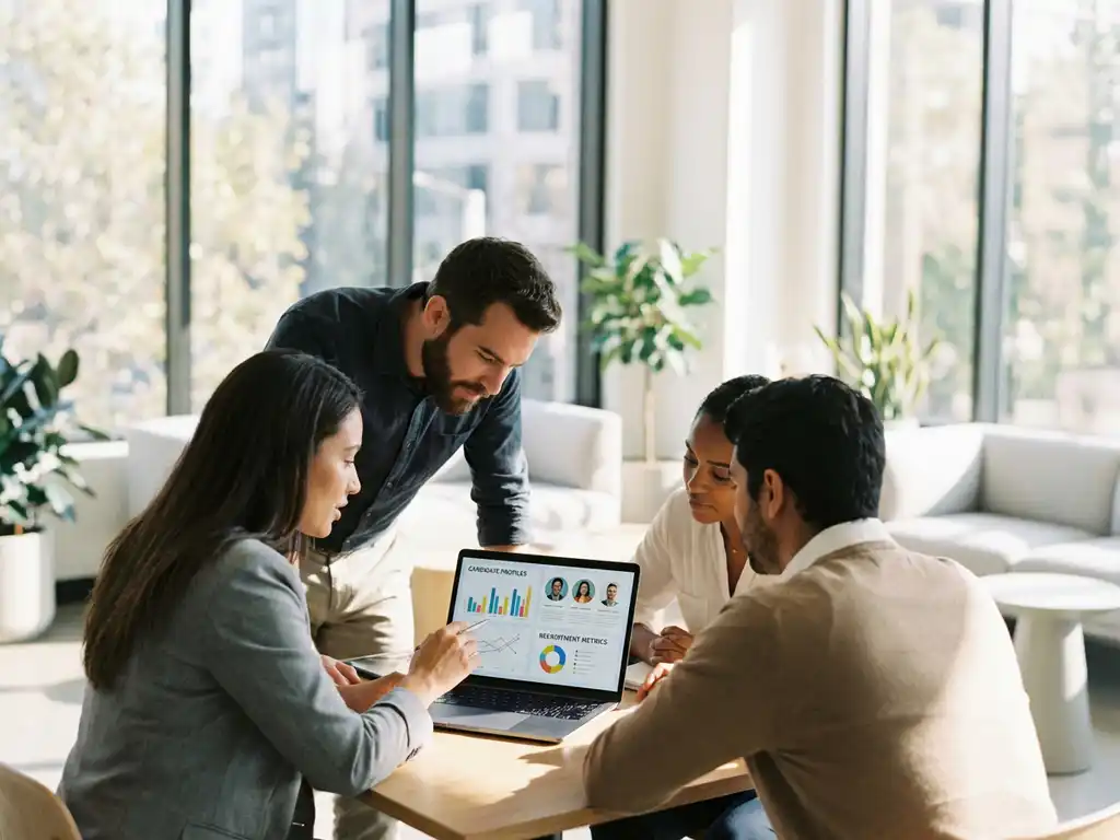 Diverse professionals analyseren wervingsdata op laptop in moderne kantooromgeving met natuurlijk licht