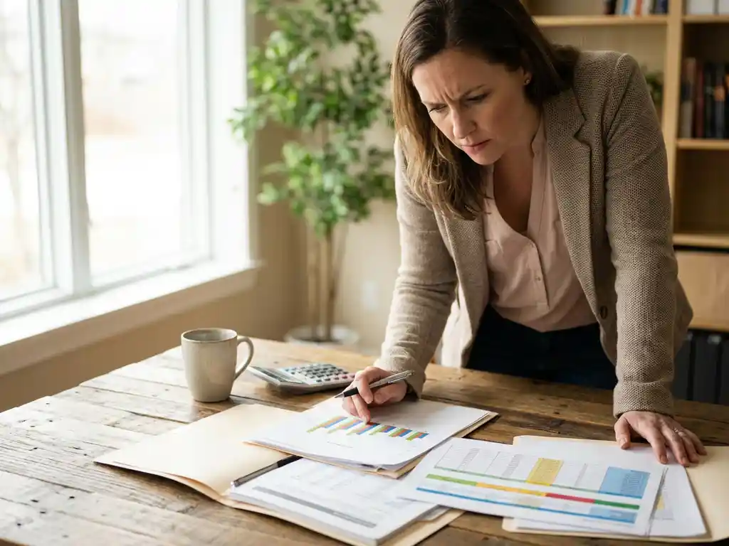 Recruitment professional analyseert kleurrijke uitgavengrafieken en budgetdocumenten op houten bureau met rekenmachine