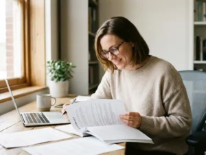 Recruitment consultant bestudeert contractdocument aan houten bureau met laptop en HR-papieren in natuurlijk licht