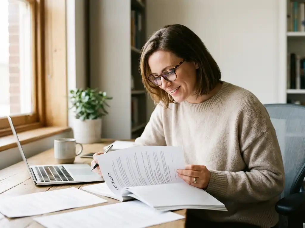 Recruitment consultant bestudeert contractdocument aan houten bureau met laptop en HR-papieren in natuurlijk licht