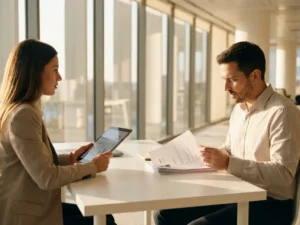 Recruiter en hiring manager bespreken cv's aan witte bureau in modern kantoor met natuurlijk licht