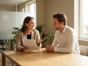 Professionele recruiter en kandidaat in gesprek aan lichte eiken tafel in modern kantoor met natuurlijk licht