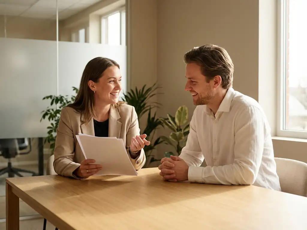 Professionele recruiter en kandidaat in gesprek aan lichte eiken tafel in modern kantoor met natuurlijk licht