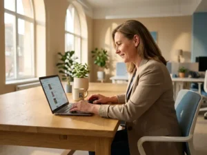 Professionele recruiter bekijkt kandidaatprofielen op laptop aan moderne eiken bureau in eigentijds kantoor