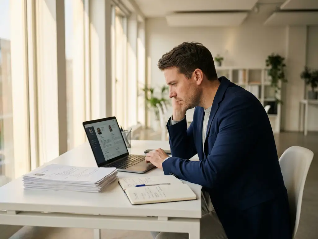 Recruitment consultant in navy blazer reviewing candidate profiles on laptop at modern white desk with resumes and notes