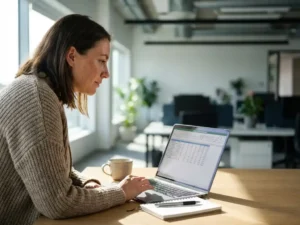 Recruitment consultant bekijkt uurtarieven op laptop aan moderne houten bureau met koffie en notitieblok, natuurlijk licht