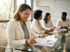 Professionele recruiter bestudeert kandidaatprofielen aan glazen vergadertafel met teamleden op achtergrond