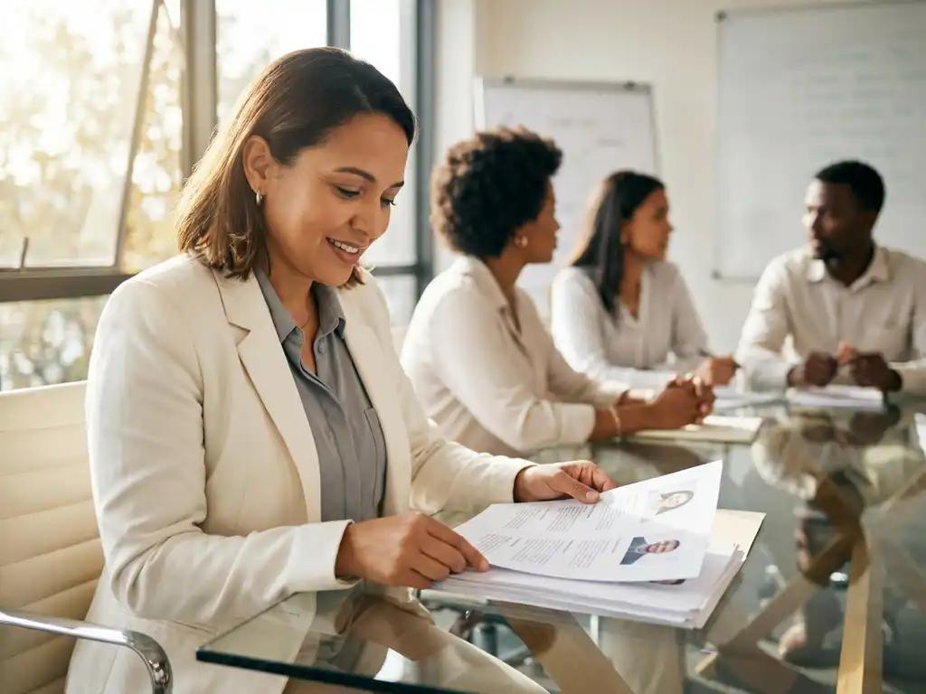 Professionele recruiter bestudeert kandidaatprofielen aan glazen vergadertafel met teamleden op achtergrond