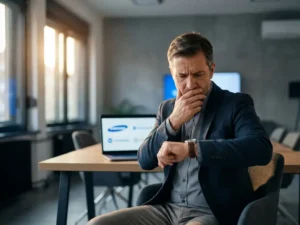 Bezorgde recruiter kijkt op horloge aan modern bureau met laptopschermen op achtergrond in kantoor met natuurlijk licht