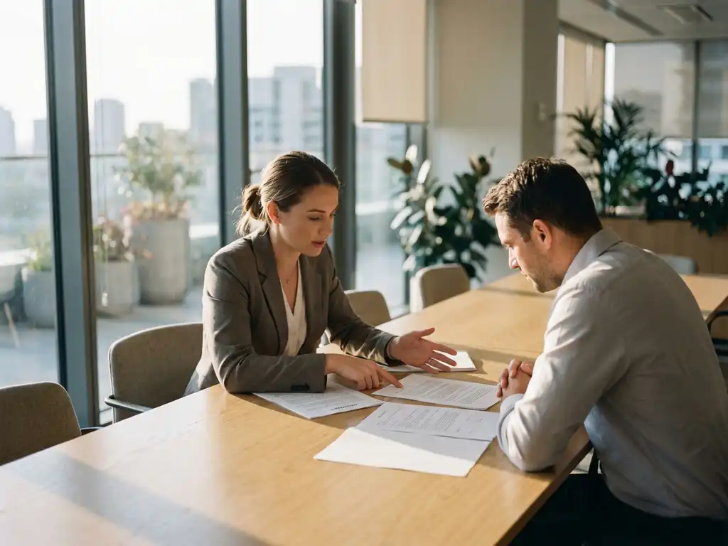 Recruiter en klant bespreken contractdetails aan eiken vergadertafel in modern kantoor met natuurlijk licht