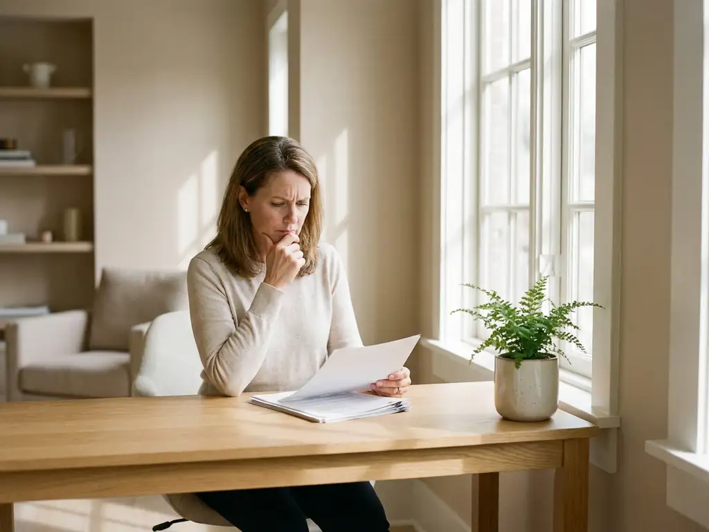 Bezorgde recruiter bekijkt documenten aan lichthouten bureau in minimalistisch kantoor met natuurlijk licht
