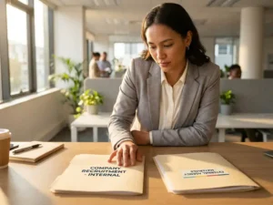 Recruitment professional vergelijkt twee verschillende werving mappen op eiken bureau bij natuurlijk licht