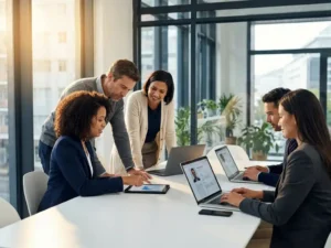 Vijf diverse recruitmentprofessionals bespreken kandidaatprofielen op tablets rond moderne witte vergadertafel bij raam