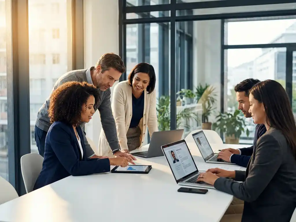 Vijf diverse recruitmentprofessionals bespreken kandidaatprofielen op tablets rond moderne witte vergadertafel bij raam