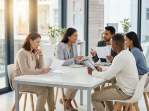 Vijf recruitmentprofessionals bespreken cv's rond moderne witte vergadertafel in licht kantoor met natuurlijke belichting