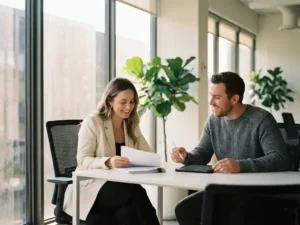 Twee recruitment professionals in gesprek aan moderne witte bureau, één bestudeert documenten terwijl ander notities maakt op tablet