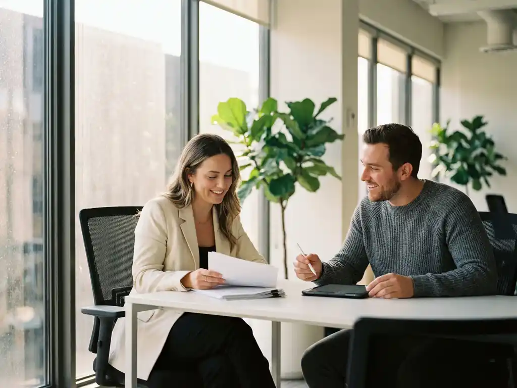 Twee recruitment professionals in gesprek aan moderne witte bureau, één bestudeert documenten terwijl ander notities maakt op tablet