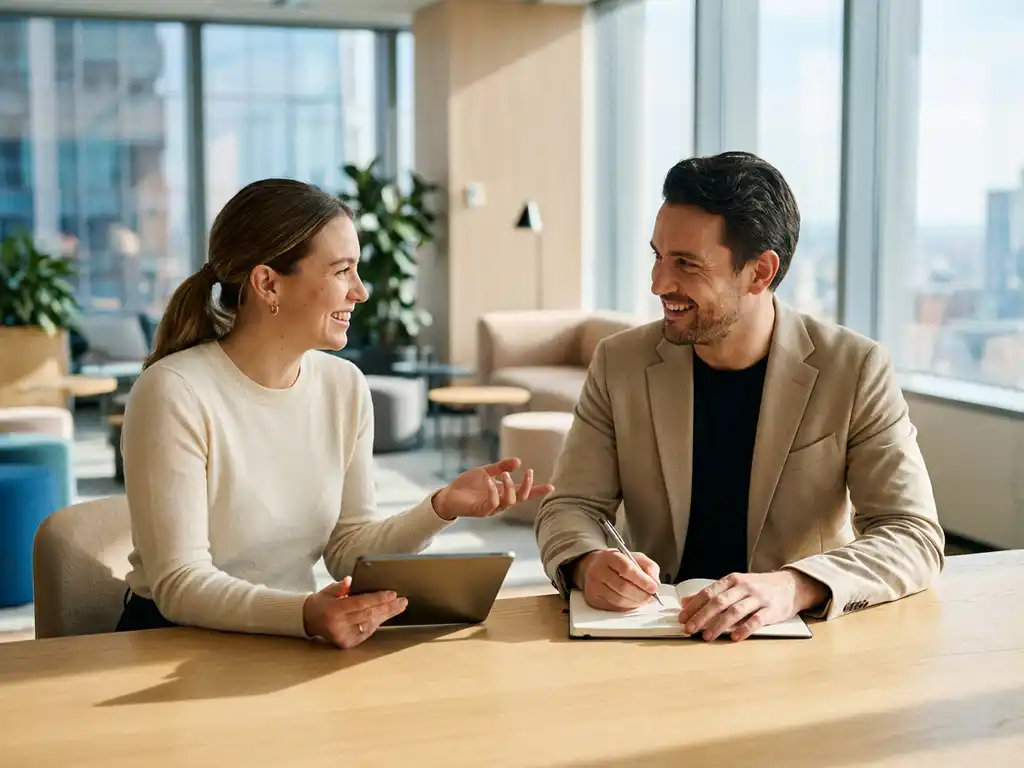 Twee recruitmentprofessionals in gesprek aan houten vergadertafel, één met tablet en ander met notities, moderne kantoorruimte