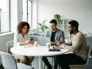 Drie diverse professionals zitten ontspannen rond witte vergadertafel met smartphones en laptops in modern kantoor