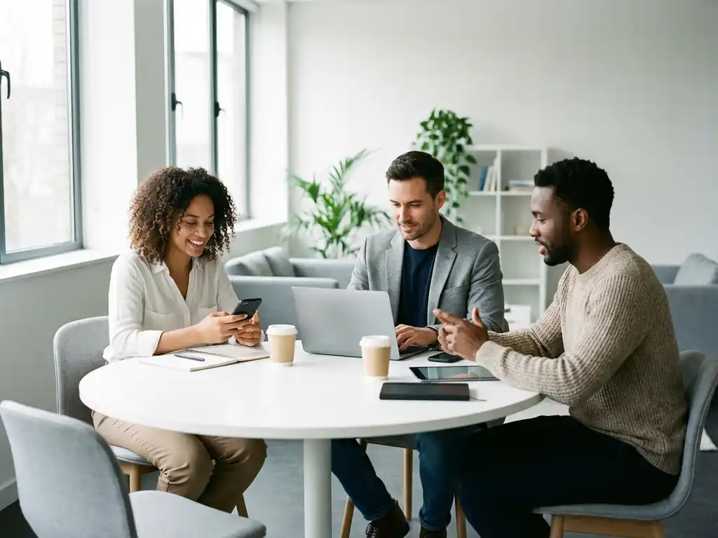 Drie diverse professionals zitten ontspannen rond witte vergadertafel met smartphones en laptops in modern kantoor