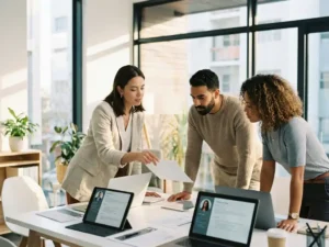 Drie diverse recruitmentprofessionals bespreken kandidaatprofielen op tablets en laptops aan moderne witte bureau in kantoor