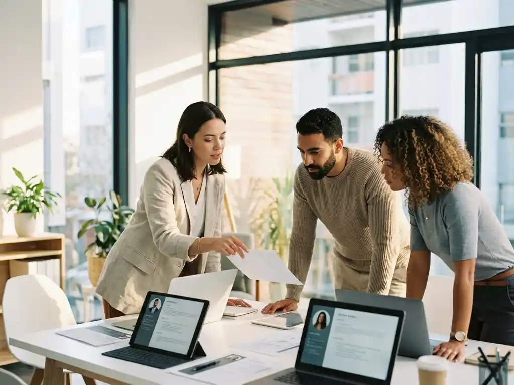 Drie diverse recruitmentprofessionals bespreken kandidaatprofielen op tablets en laptops aan moderne witte bureau in kantoor