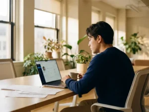 Recruiter bekijkt kandidaatprofielen op laptop met cv's verspreid over houten bureau, natuurlijk licht door ramen