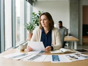 Recruitment specialist beoordeelt kandidaatprofielen aan moderne werkplek met cv's en portfolio's uitgespreid op bureau