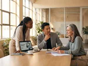 Drie diverse professionals bespreken wervingsstrategieën rond houten vergadertafel met laptop en documenten