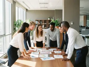 Divers professioneel team bespreekt kleurrijke datagrafieken rond moderne vergadertafel in lichte kantoorruimte