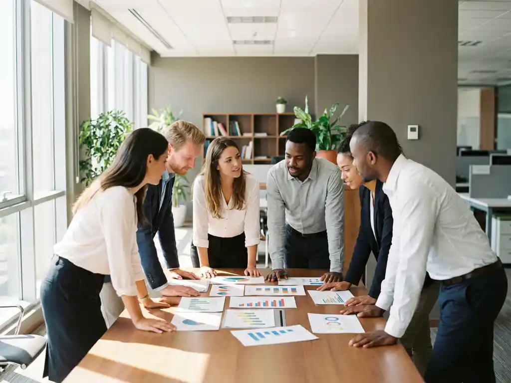 Divers professioneel team bespreekt kleurrijke datagrafieken rond moderne vergadertafel in lichte kantoorruimte