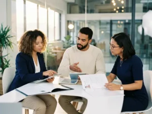 Drie recruitmentprofessionals bespreken kandidaatprofielen rond witte vergadertafel in modern kantoor met natuurlijk licht