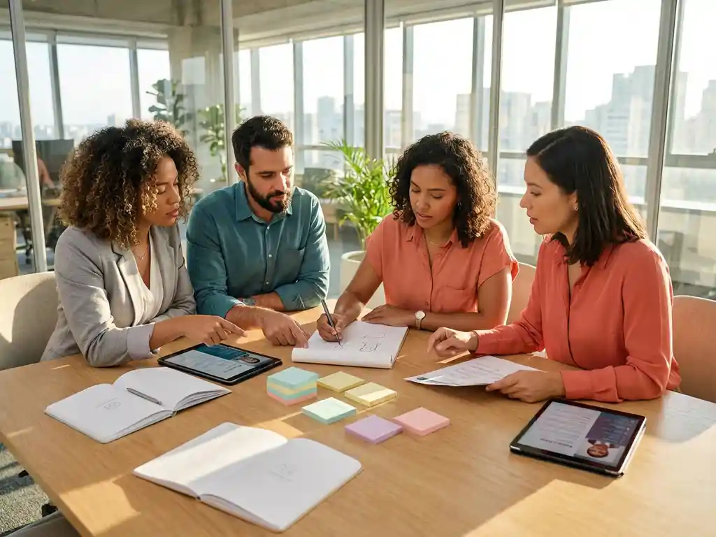 Drie professionals werken samen rond houten vergadertafel met gekleurde notities en tablets in modern kantoor