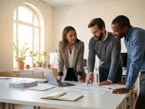 Drie professionals bespreken wervingsdocumenten rond witte bureautafel in modern kantoor met natuurlijk licht
