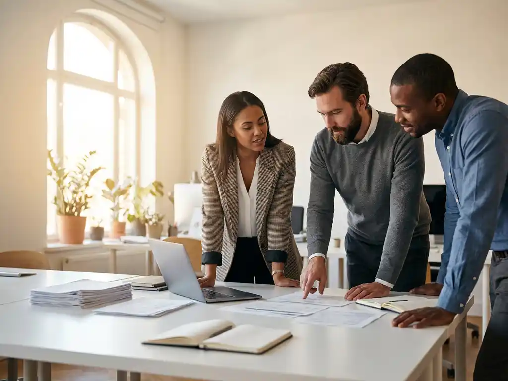 Drie professionals bespreken wervingsdocumenten rond witte bureautafel in modern kantoor met natuurlijk licht