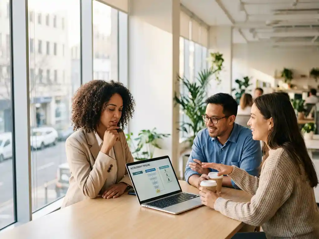 Drie professionals bespreken wervingsworkflows op laptop in modern kantoor met grote ramen en natuurlijk licht