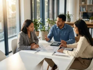 Drie professionals bespreken wervingsdocumenten en kandidaatprofielen aan moderne witte conferentietafel in kantoor
