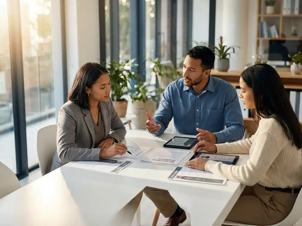 Drie professionals bespreken wervingsdocumenten en kandidaatprofielen aan moderne witte conferentietafel in kantoor
