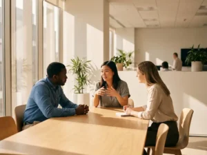 Drie professionals in gesprek aan lichte houten vergadertafel in modern kantoor met natuurlijk licht