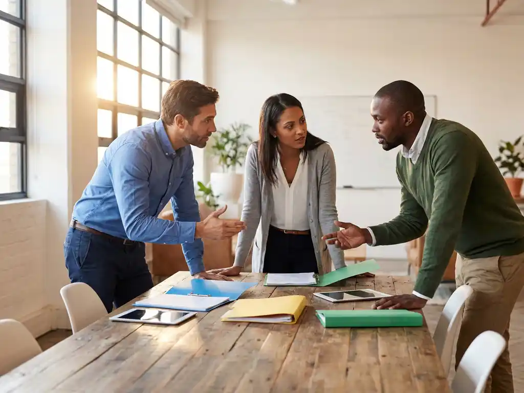Drie diverse recruitment professionals bespreken gekleurde mappen met RPO-servicemodellen aan houten vergadertafel bij raam