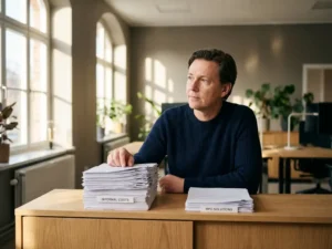 Recruitment professional vergelijkt twee stapels documenten op houten bureau, dikke stapel interne kosten versus dunne RPO-stapel