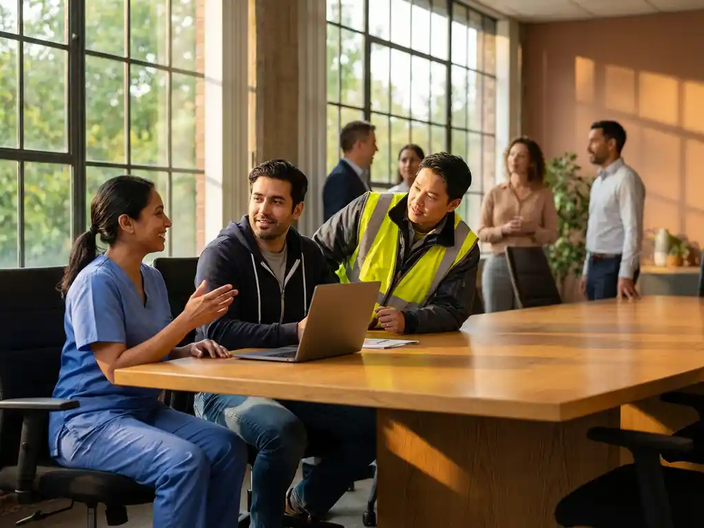 Diverse professionals uit verschillende sectoren in gesprek rond houten vergadertafel, waaronder zorgmedewerker, tech specialist en productiesupervisor