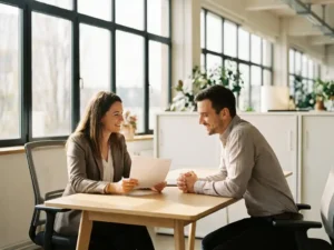 RPO-recruiter bespreekt cv met kandidaat aan houten tafel in moderne kantoorruimte met natuurlijk licht