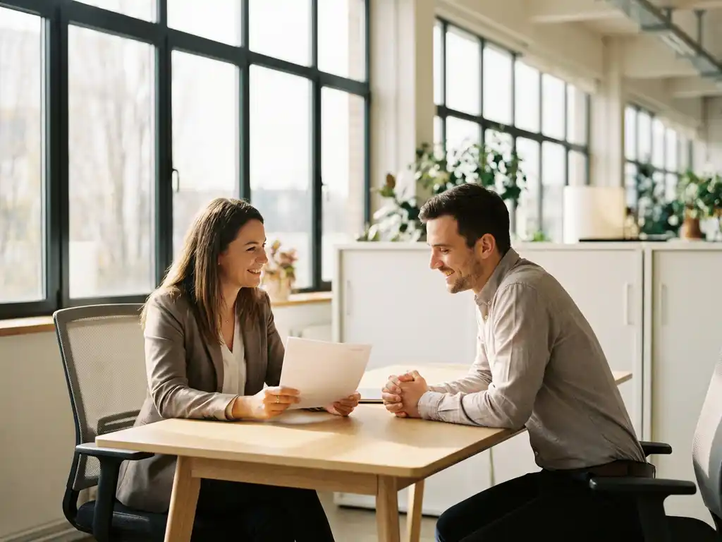 RPO-recruiter bespreekt cv met kandidaat aan houten tafel in moderne kantoorruimte met natuurlijk licht