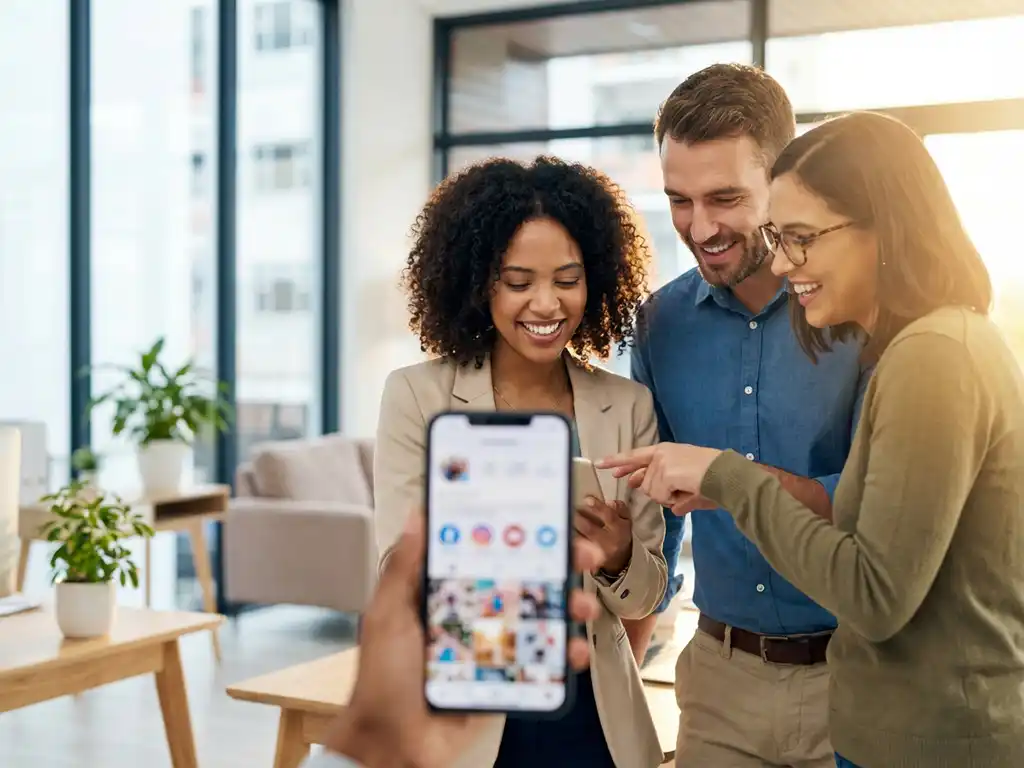 Drie professionals bekijken samen sociale media feeds op smartphone in modern kantoor met natuurlijk licht