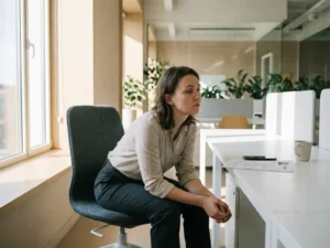 Gefrustreerde sollicitant zit peinzend aan bureau met cv en telefoon, kijkt uit raam in modern kantoor