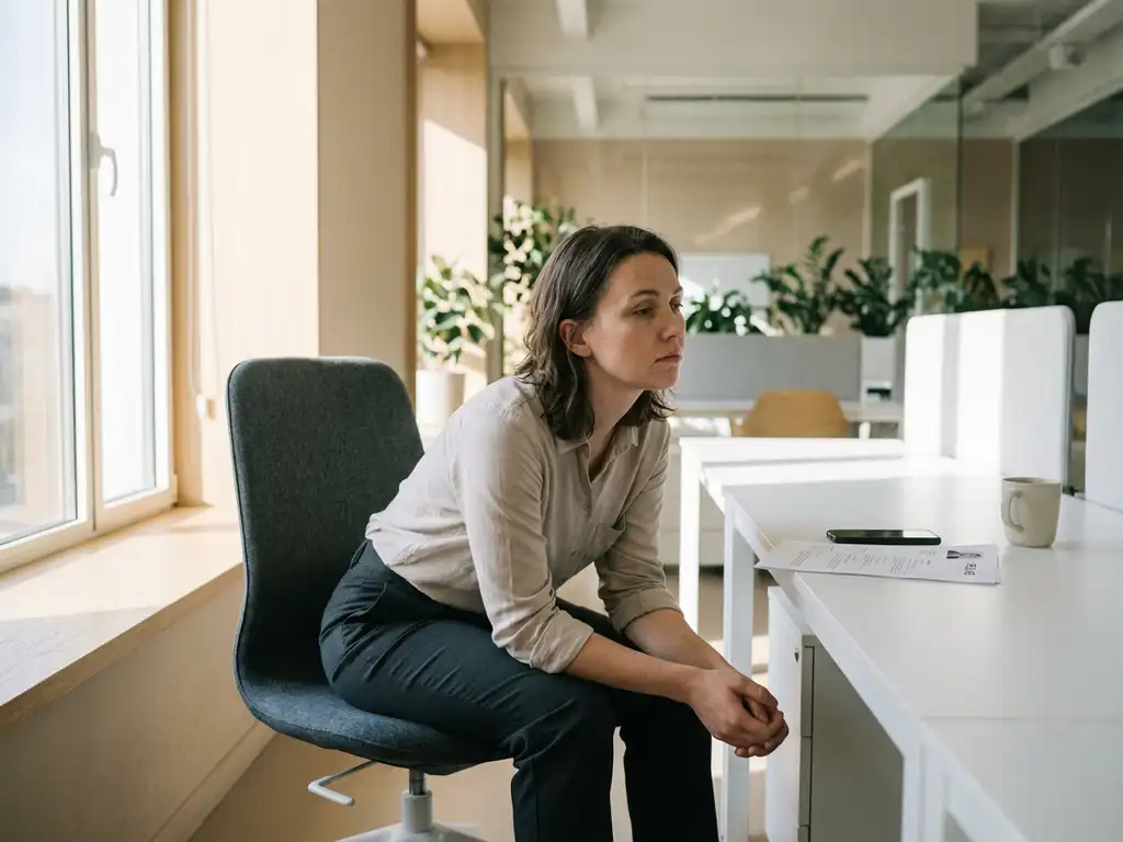 Gefrustreerde sollicitant zit peinzend aan bureau met cv en telefoon, kijkt uit raam in modern kantoor