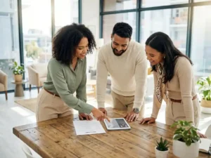 Drie professionals bespreken cv's rond houten tafel in modern kantoor met grote ramen en natuurlijk licht