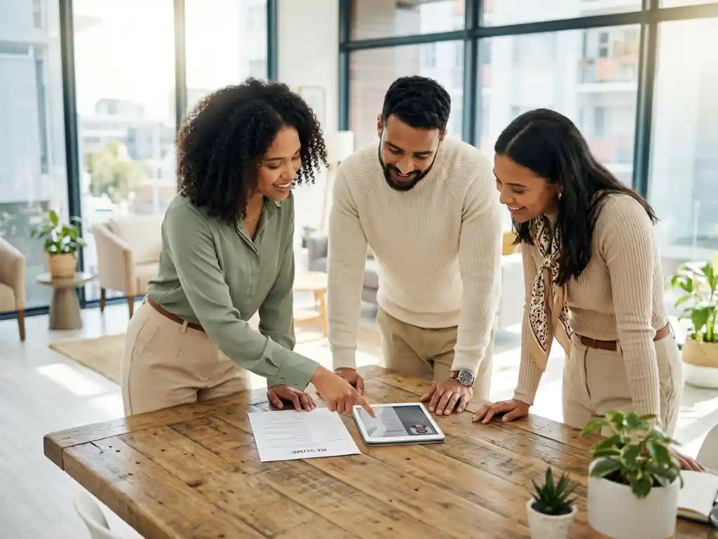 Drie professionals bespreken cv's rond houten tafel in modern kantoor met grote ramen en natuurlijk licht